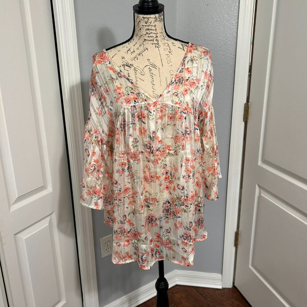 Lovely J NWT Womens Large Floral Blouse Metallic Stripe Bell Sleeve Boho